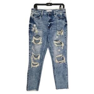 Kancan Women Jeans, High Waist Raw Hem Distressed Mom Jeans, Sz 9/28 (30in)